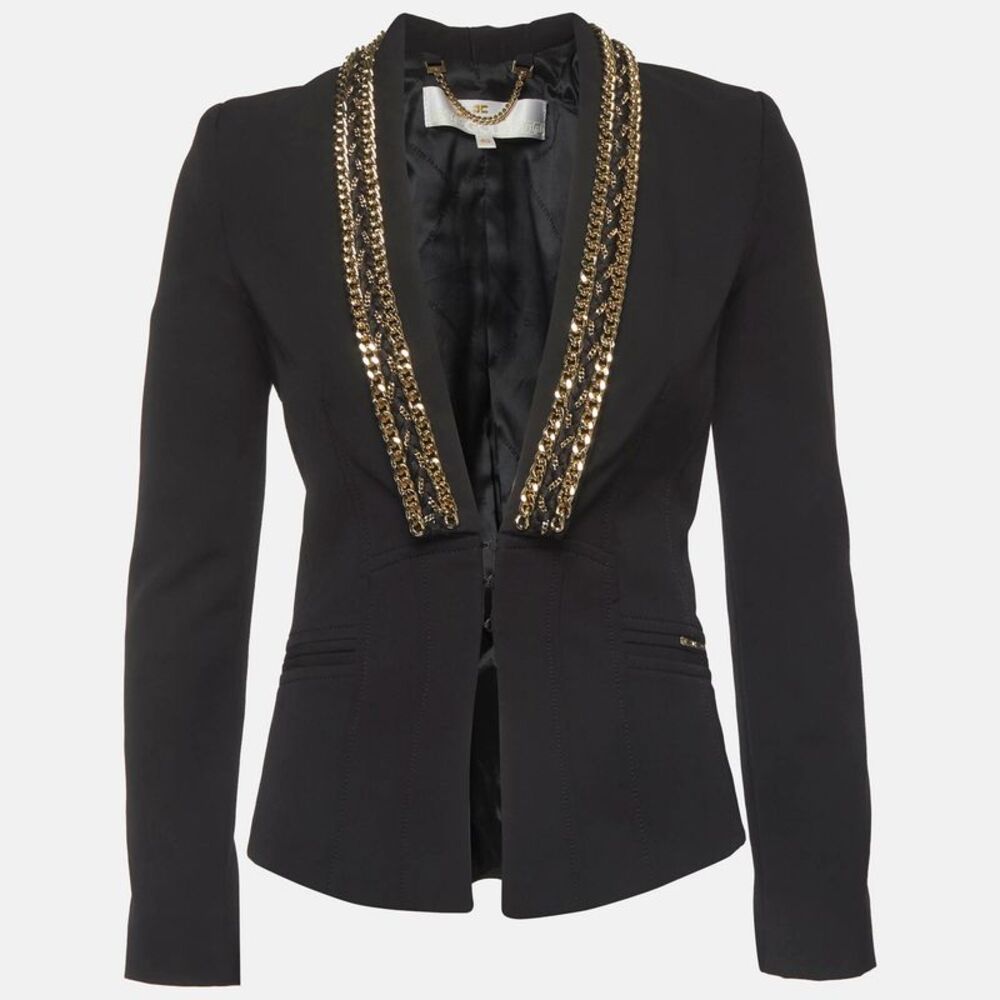 Elisabetta Franchi Gold Black Crepe Chain Trim Blazer S